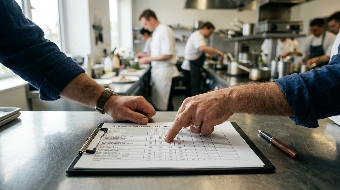 Mano de chef señalando una fila de un informe impreso con tablas sobre una mesa de acero de cocina profesional
