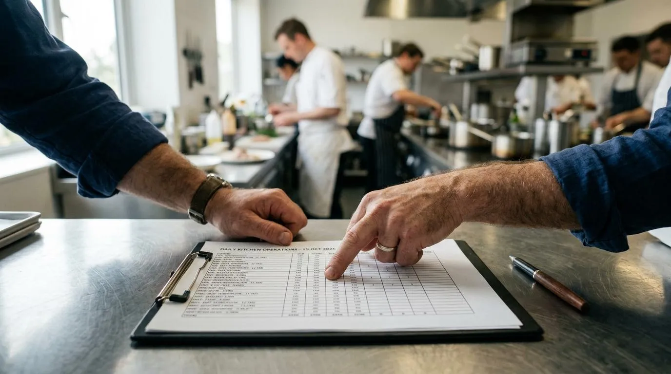 Two kitchen professionals reviewing a printed table on a stainless steel worktop