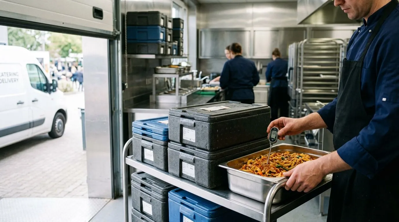 Cook probing a gastronorm tray next to insulated containers before loading the catering van