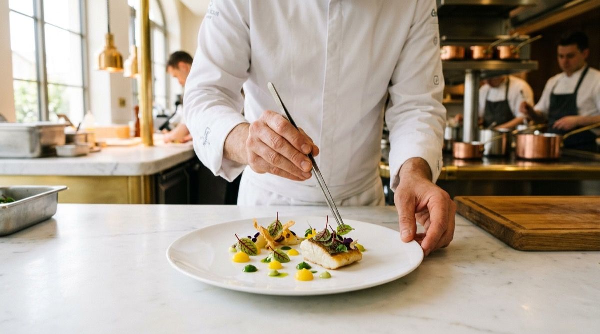 Chef's hands plating in a professional kitchen during service
