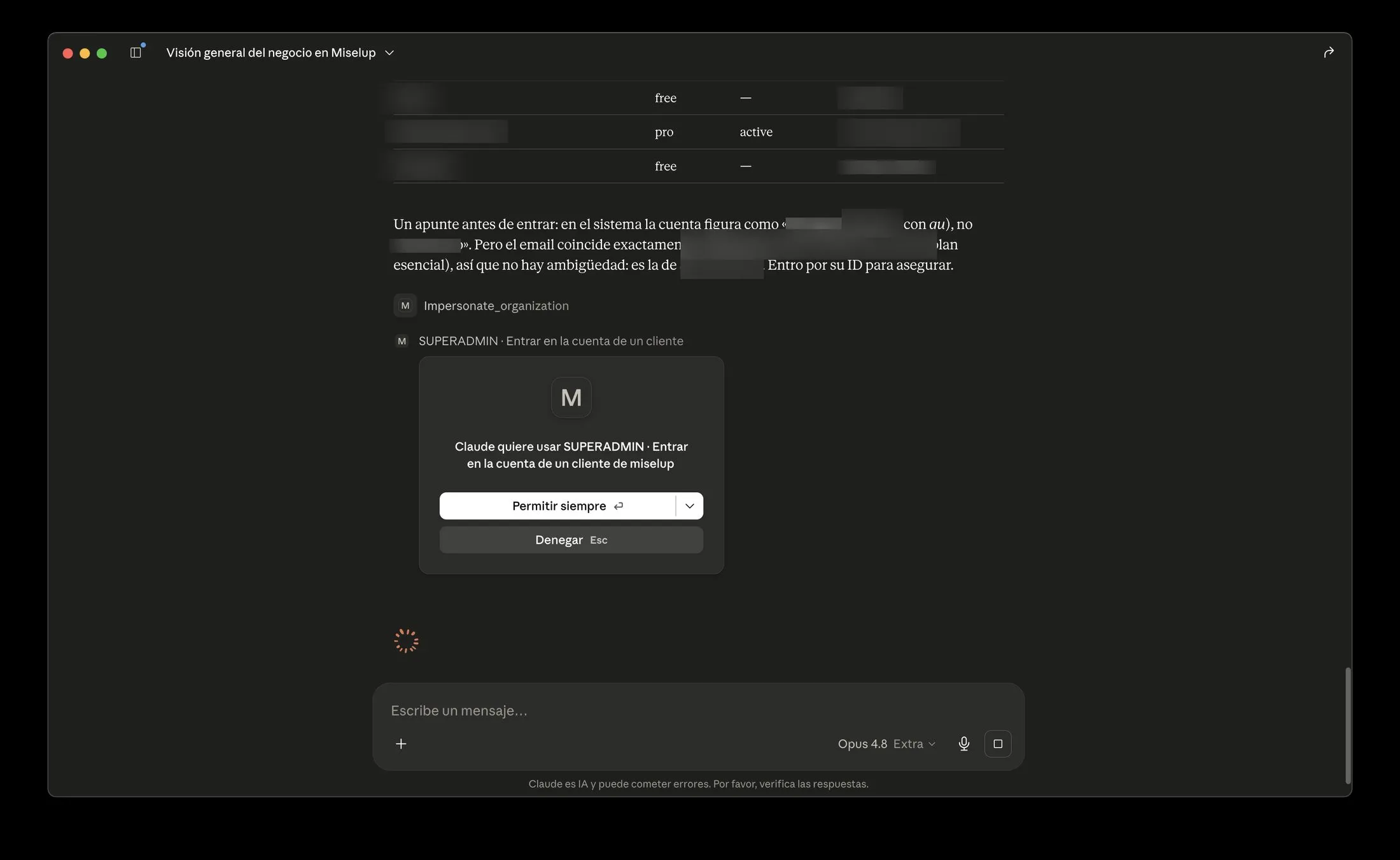 Claude pidiendo permiso para entrar en la cuenta de un cliente con el modo superadmin de Miselup