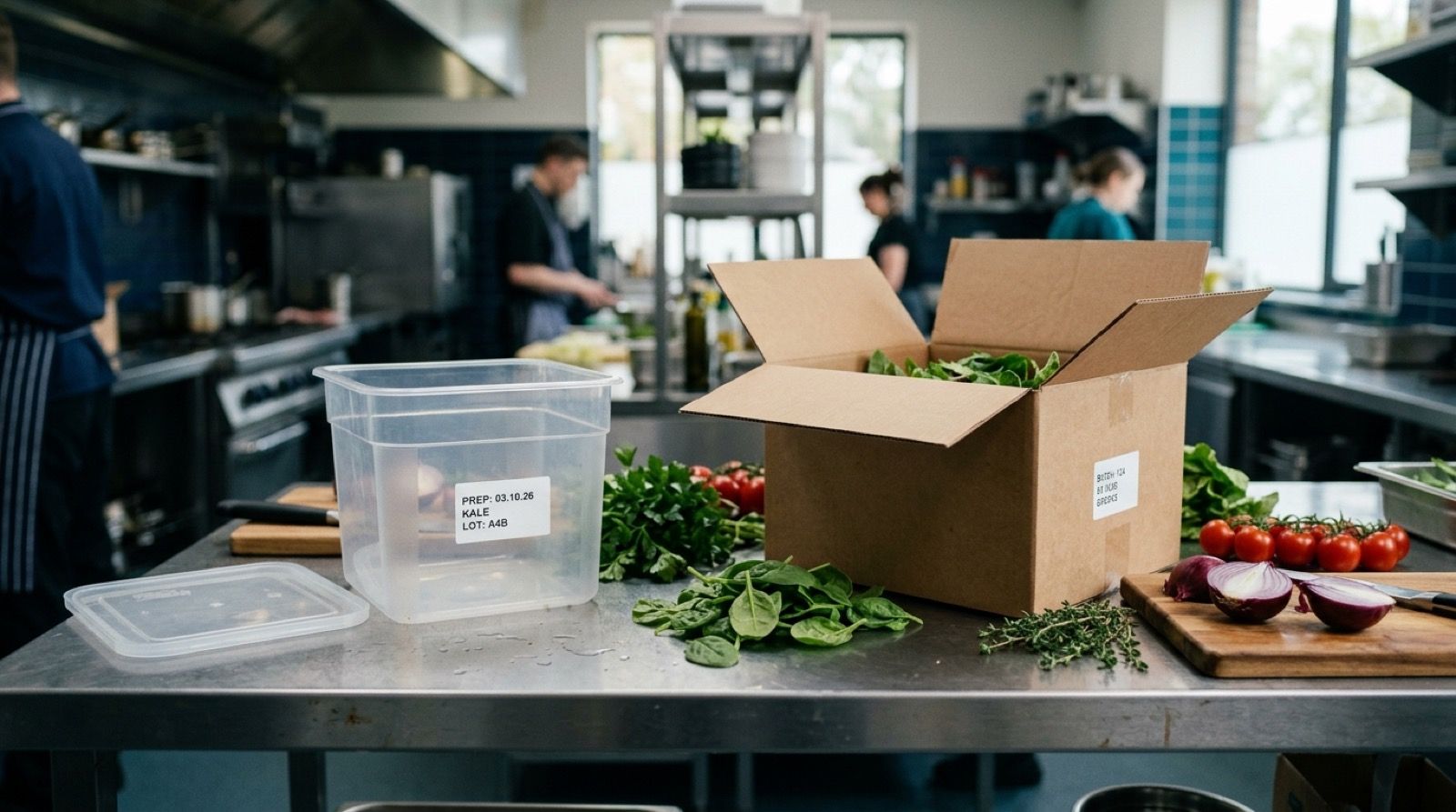 Contenedor y caja de proveedor con código de lote sobre una mesa de cocina de acero inoxidable
