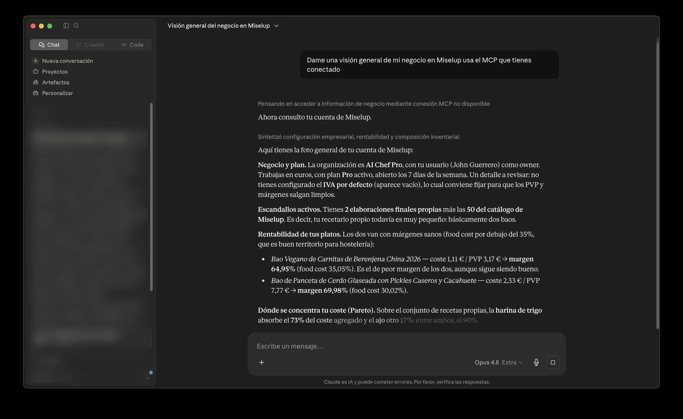 Respuesta de Claude con la visión general del negocio: plan, escandallos, rentabilidad y Pareto de costes