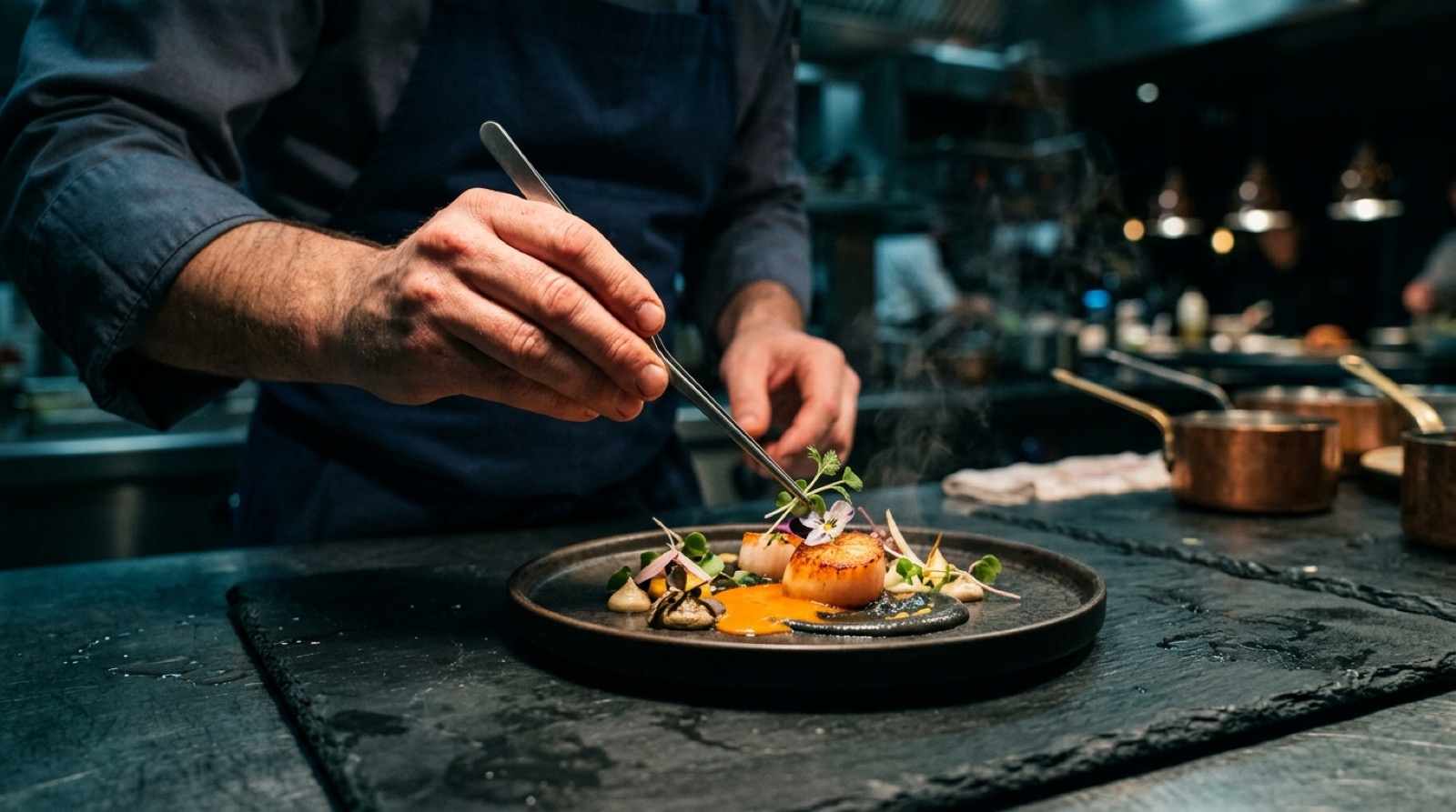 Manos de cocinero emplatando en una cocina profesional