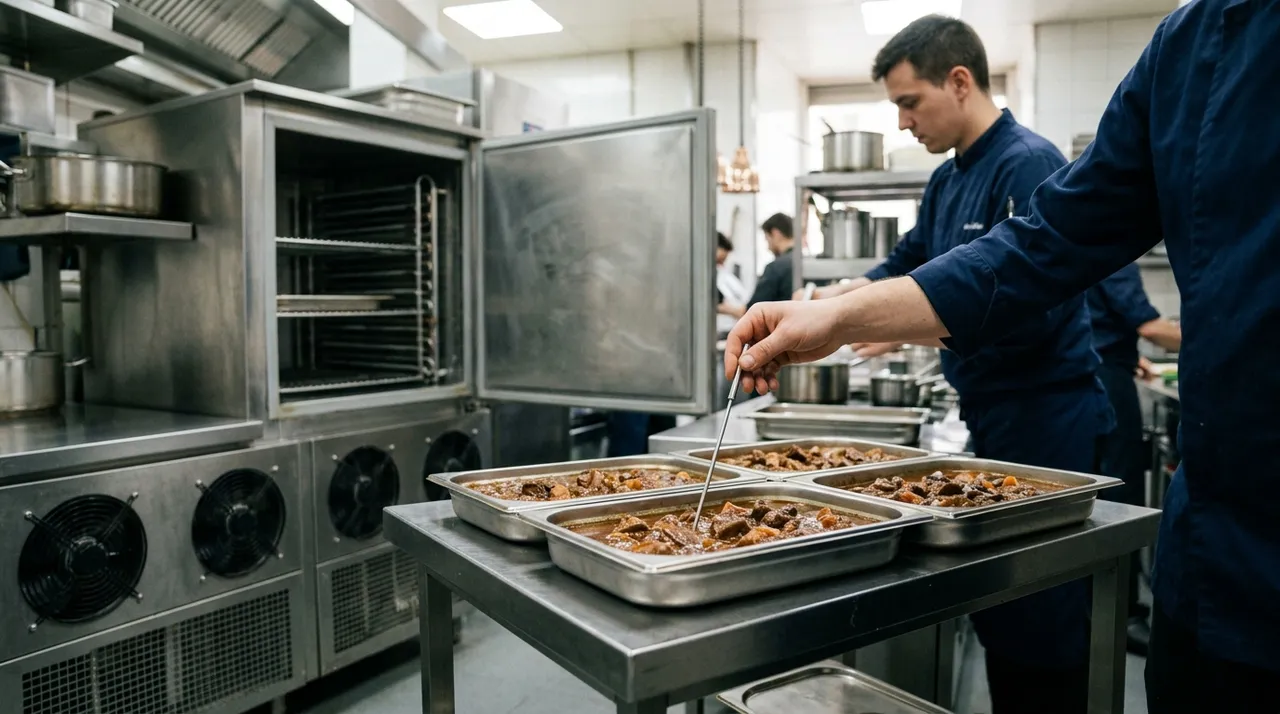 Core-temperature check of stew in shallow trays beside a blast chiller
