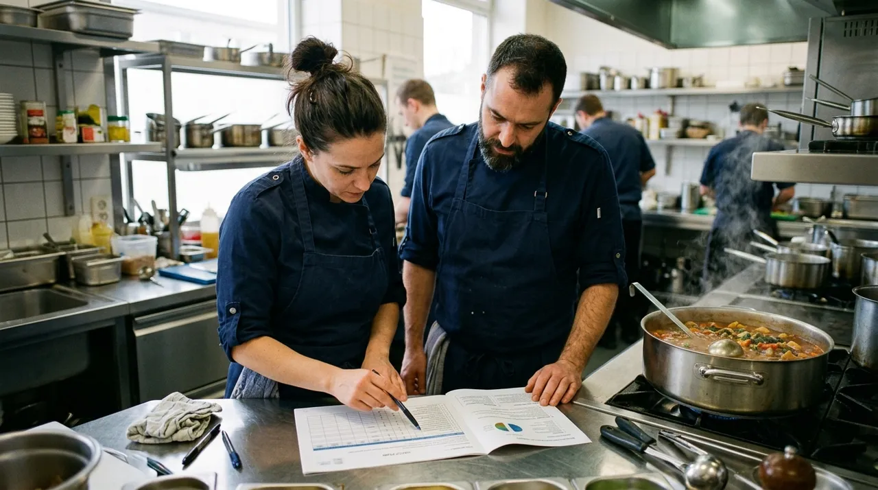 Kitchen team reviewing a HACCP plan beside a stew production station
