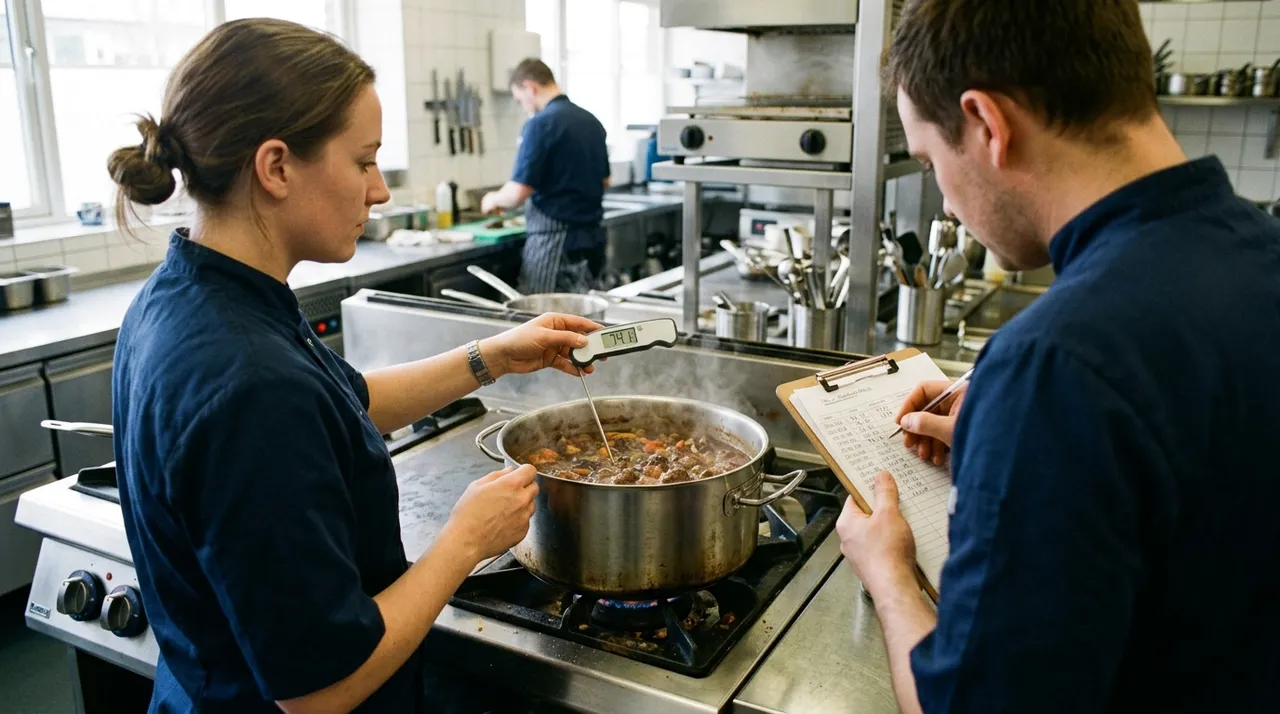 Clean probe measuring reheated stew while a colleague records the check