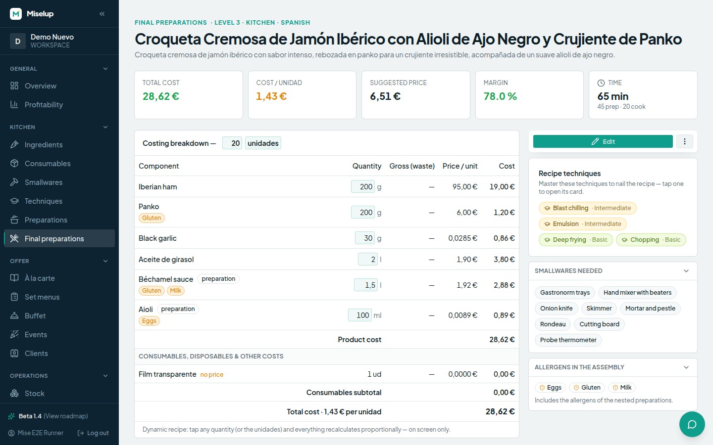 A dish's page in Miselup with its costing, the total cost, the cost per serving, the selling price and the margin