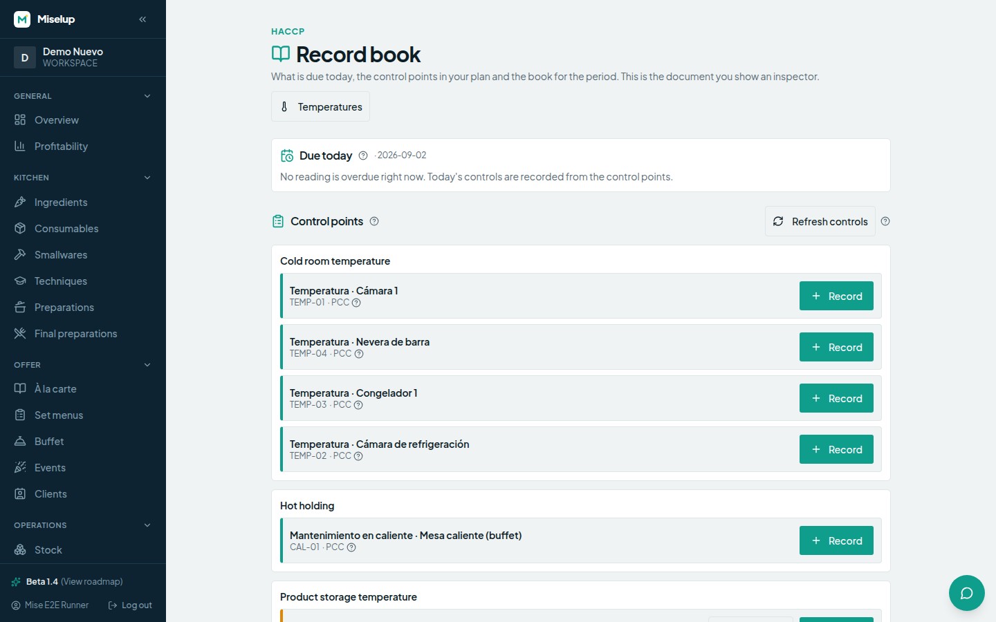 The HACCP Record book screen in Miselup with the «Due today» panel and the plan's control points grouped by type, each with its «Record» button