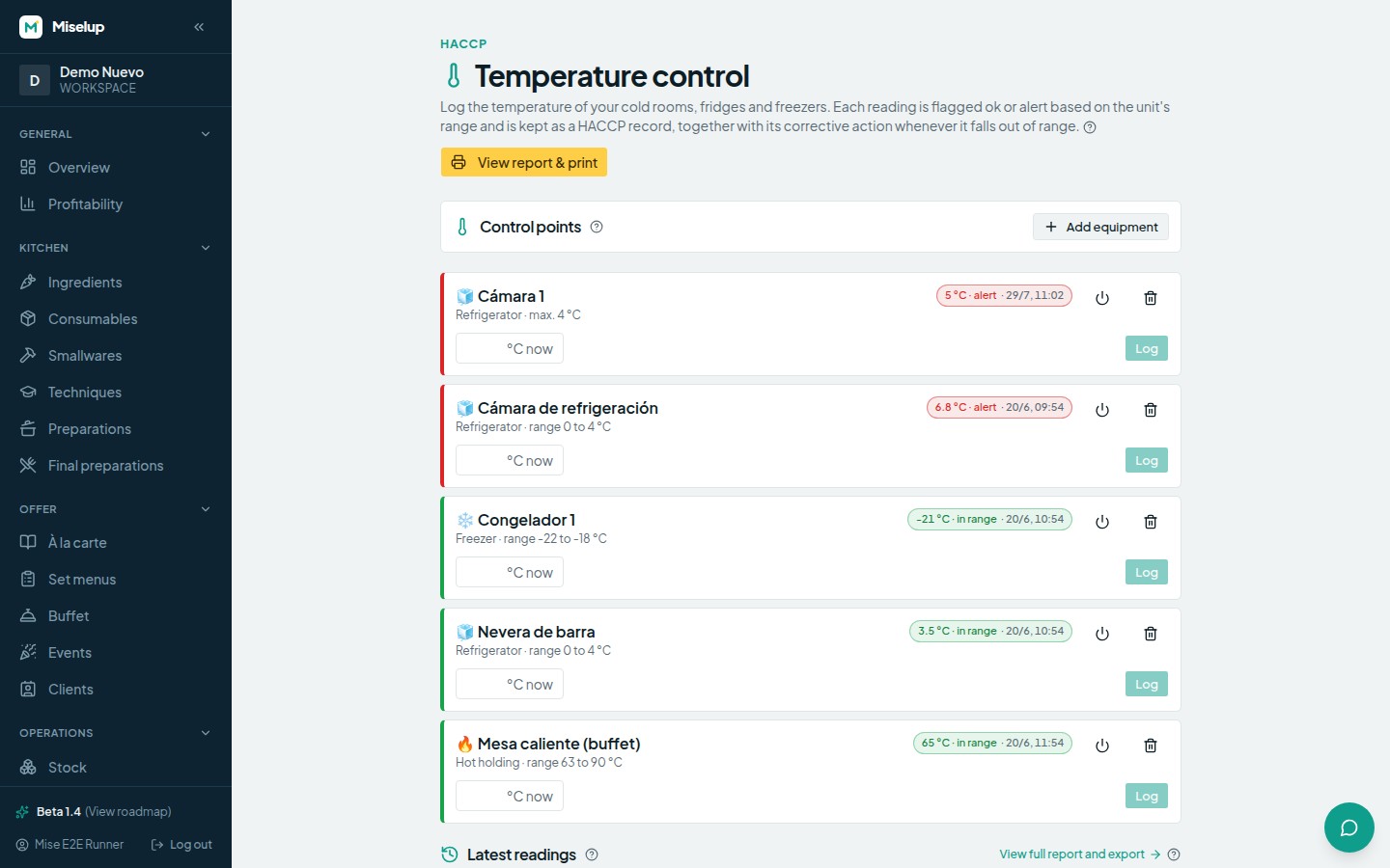 The «Temperature control» screen in Miselup, with a card per cold room or freezer showing its range and its latest reading