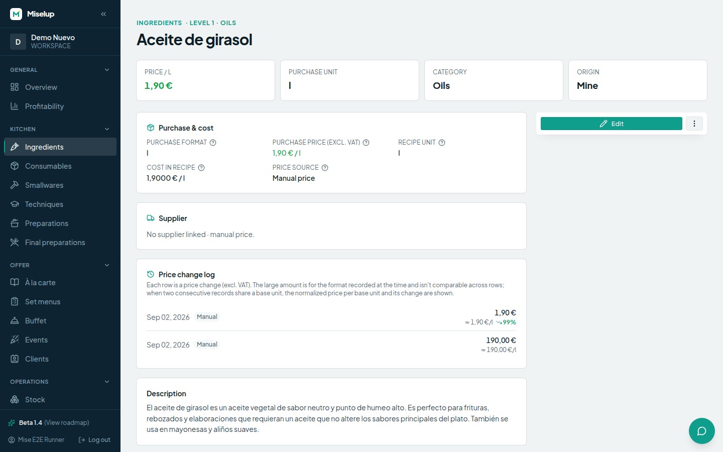 An ingredient's page in Miselup with its purchase format, its purchase price excluding VAT, the recipe unit, the cost in recipe and the price change log