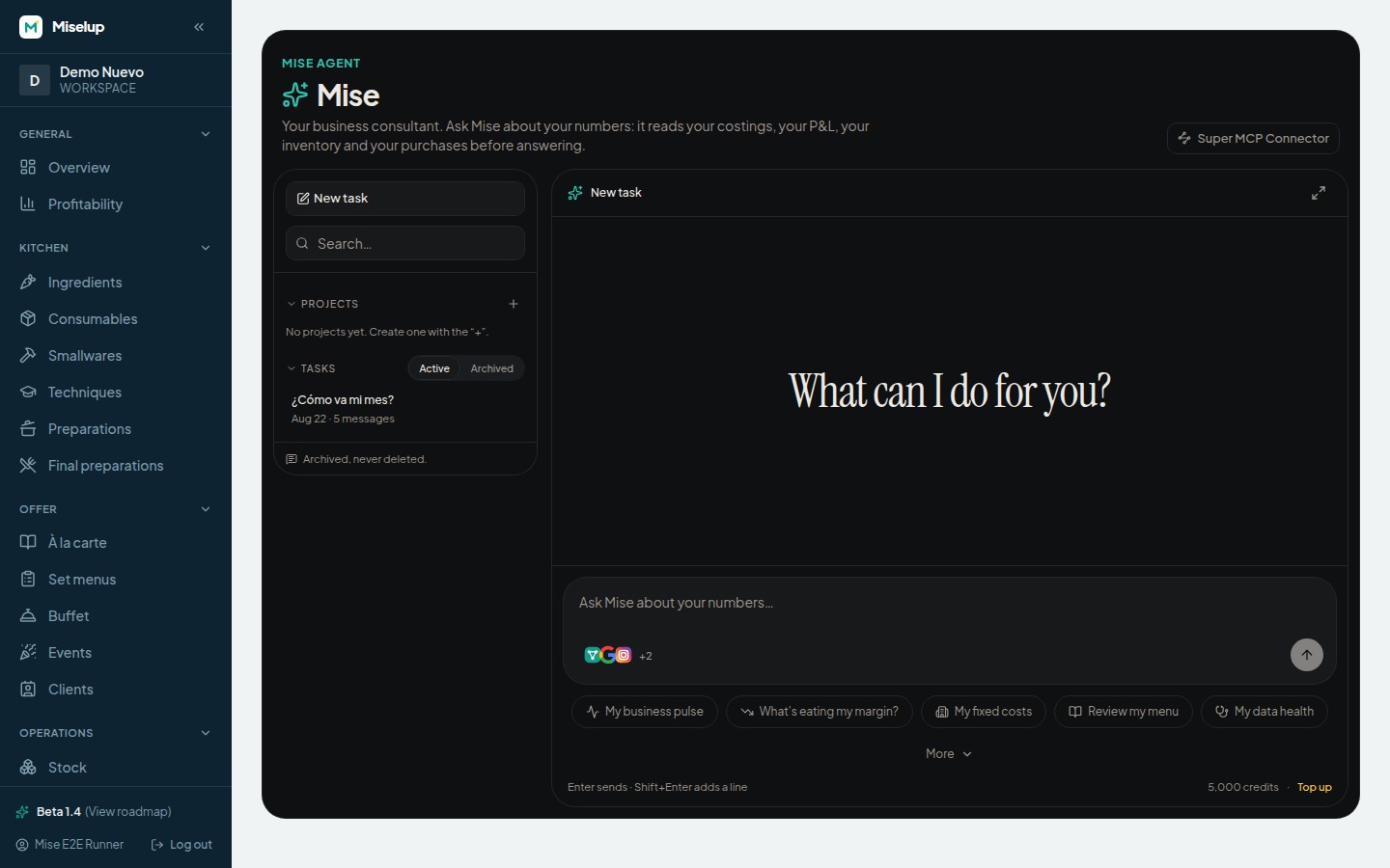 The Mise Agent screen in Miselup, with the conversation, the tasks and projects column and the ready-made jobs