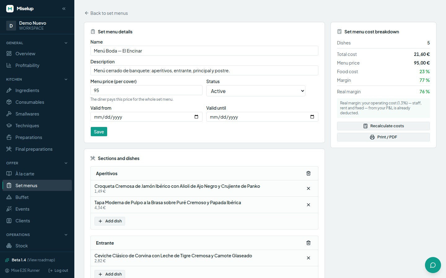 A set menu page in Miselup with its sections and dishes and the «Set menu cost breakdown» showing total cost, menu price, food cost and margin