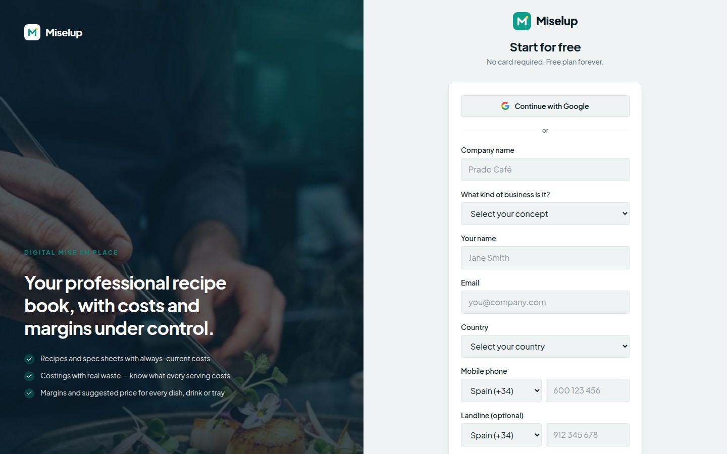The Miselup «Create account» form with the company name, business concept, email, country and mobile phone with its country code