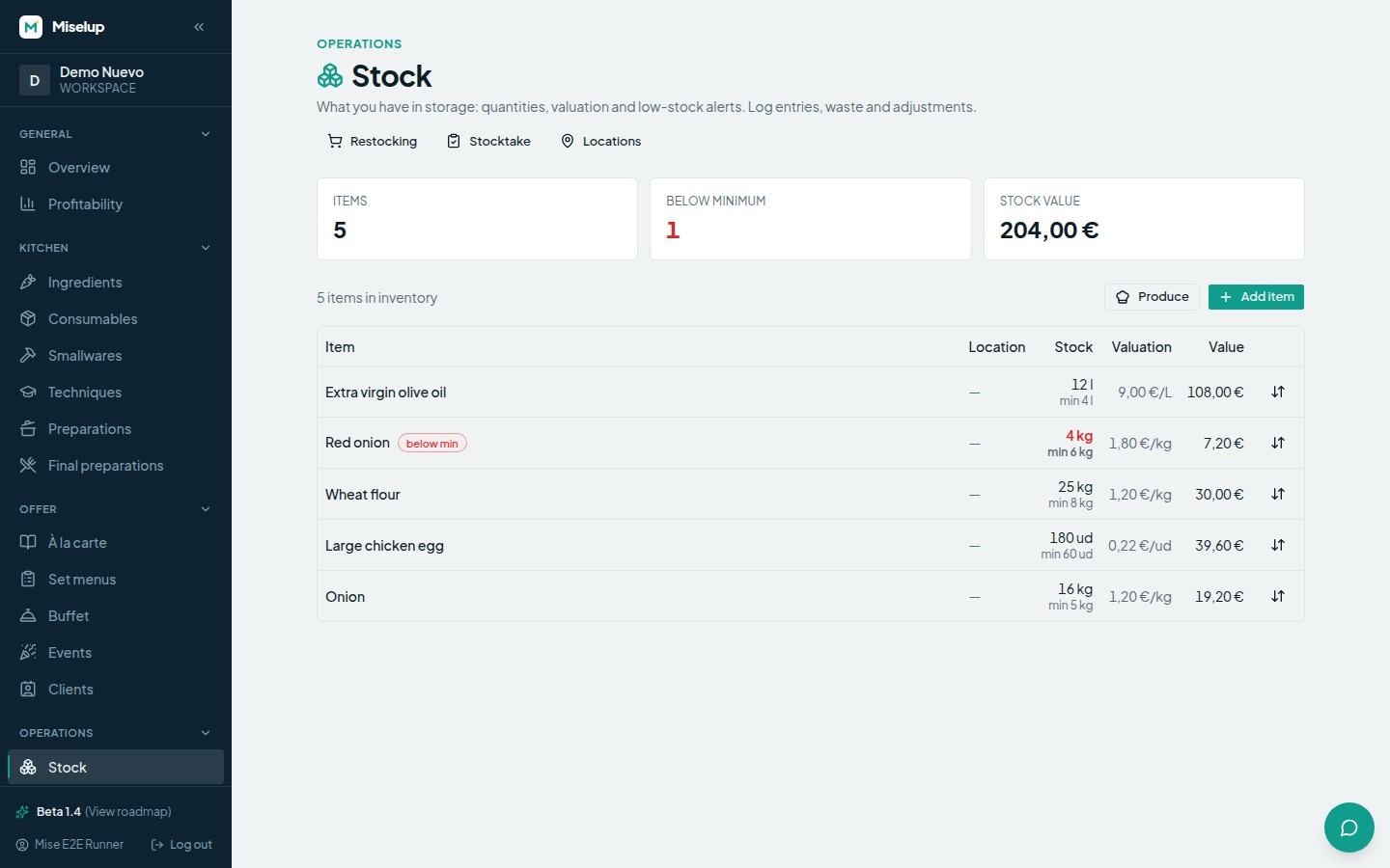The Stock screen in Miselup with the item count, the items below minimum and the total value of the inventory