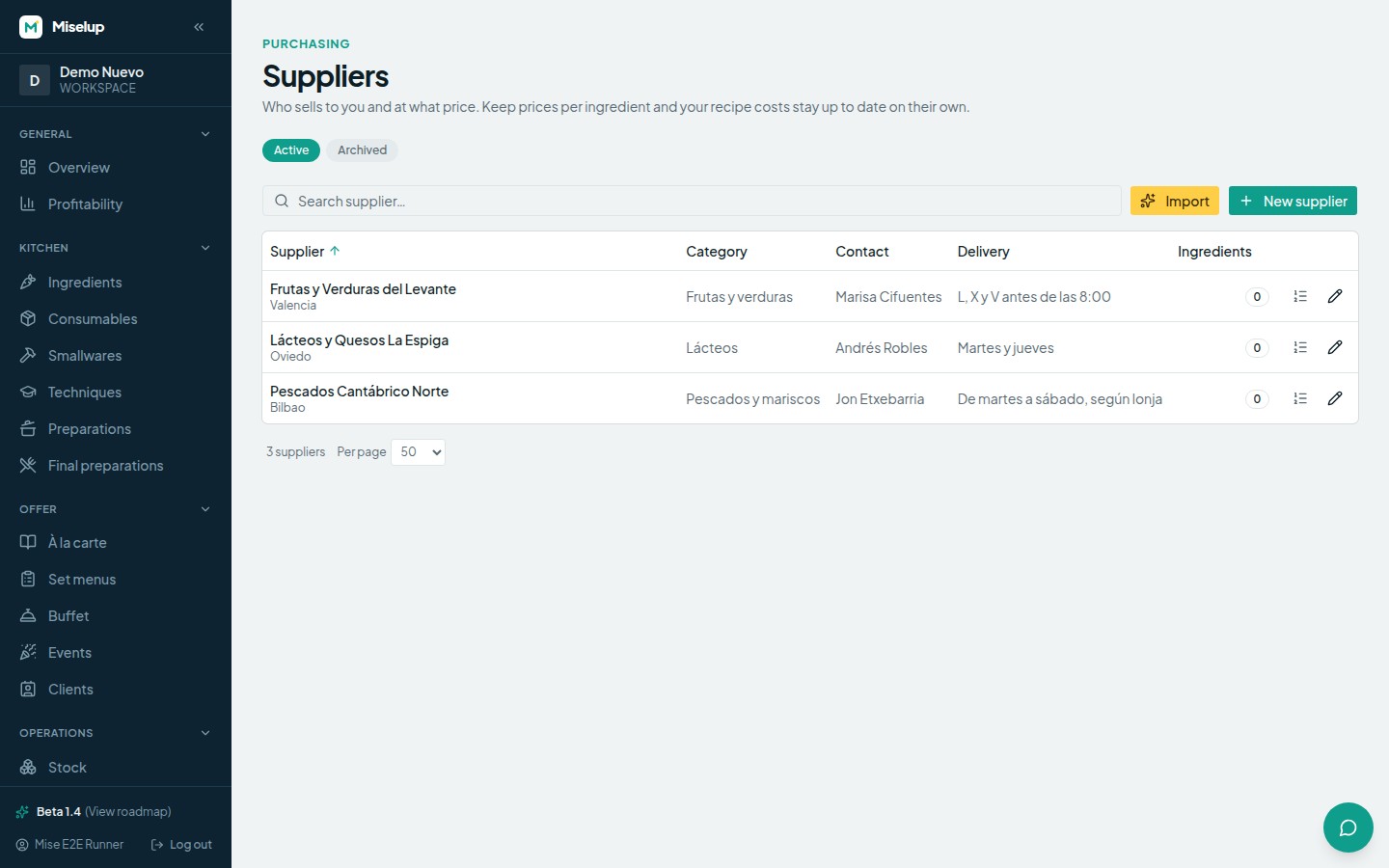 The suppliers screen in Miselup listing each supplier with its category and contact details