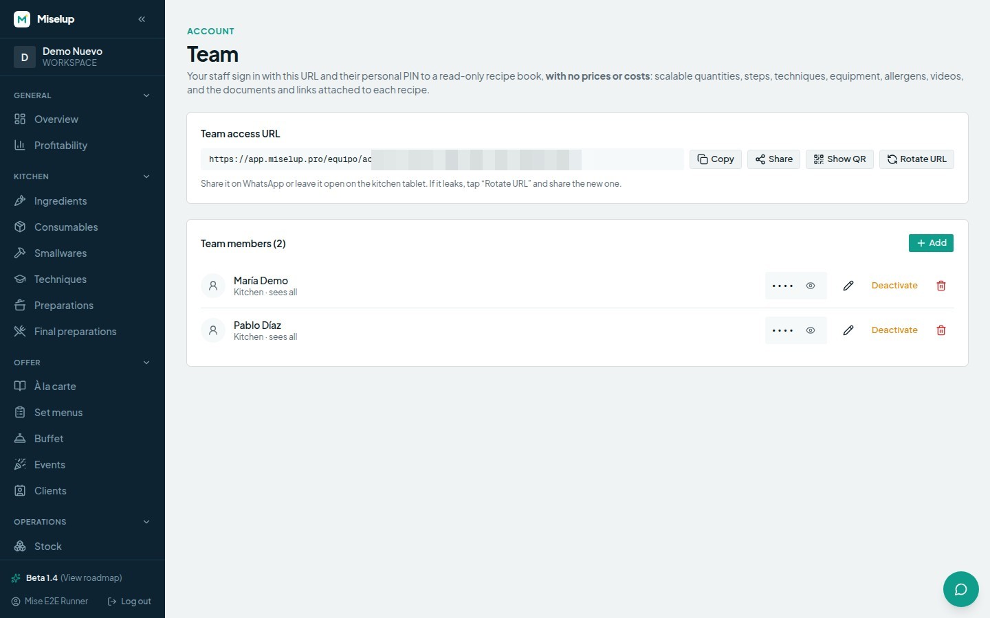 The Account → Team screen in Miselup with the team access URL and the list of workers, each with their area and their 4-digit PIN