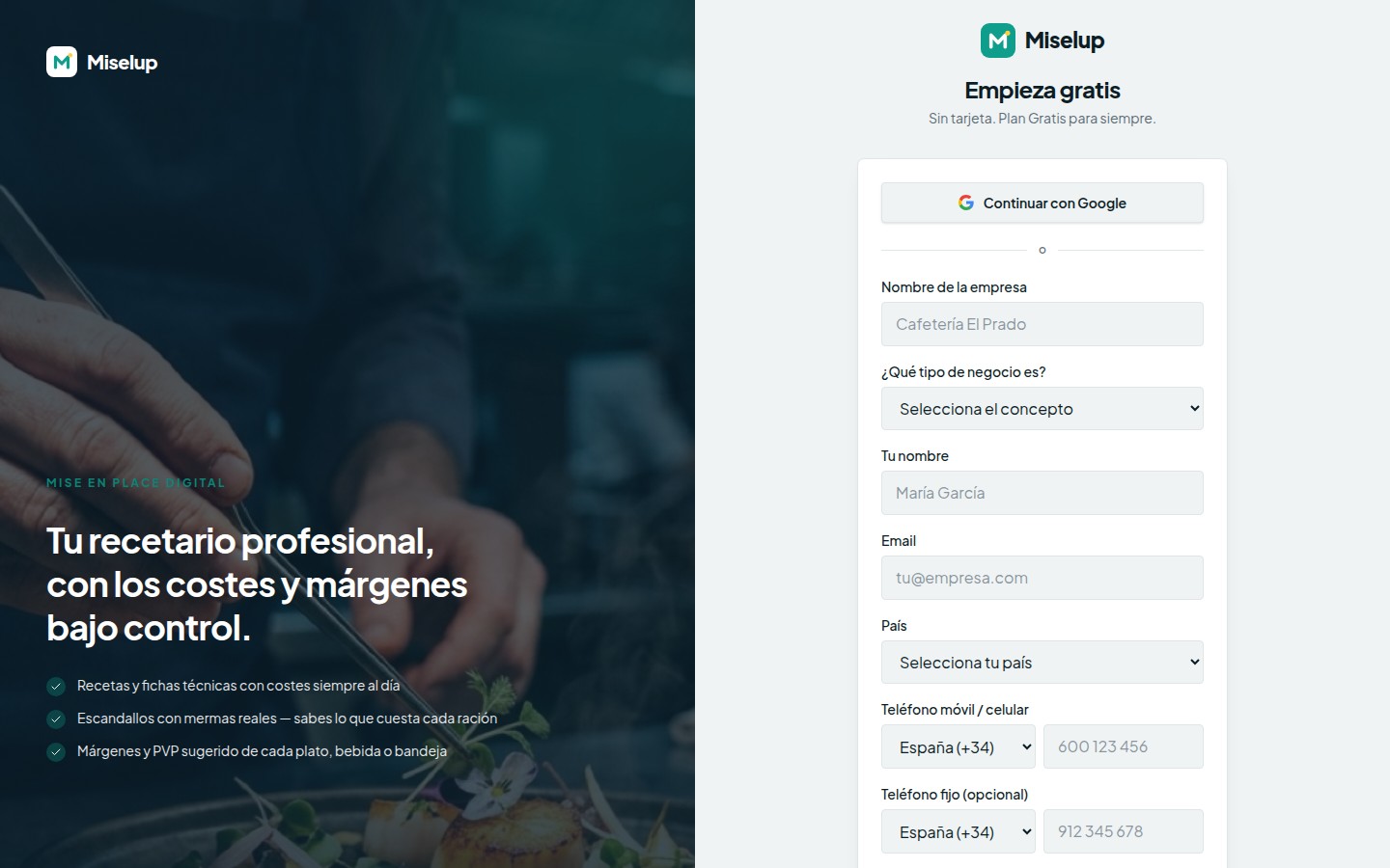 El formulario «Crear cuenta» de Miselup con el nombre de la empresa, el concepto, el email, el país y el teléfono móvil con su prefijo