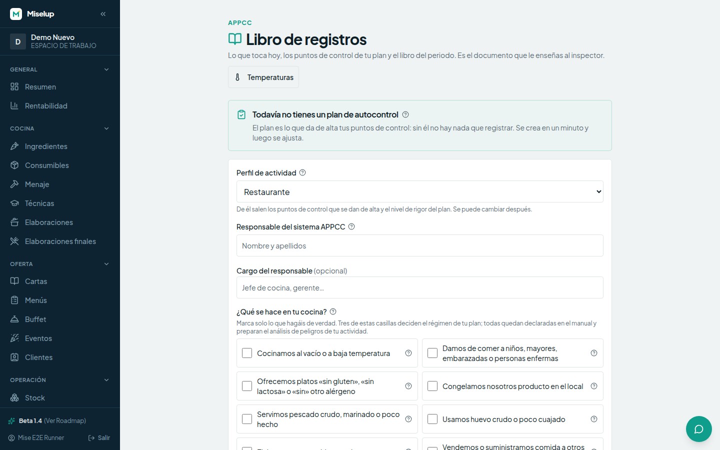 La pantalla de activación del plan APPCC en Miselup, con el perfil de actividad, el responsable del sistema y lo que se hace en la cocina