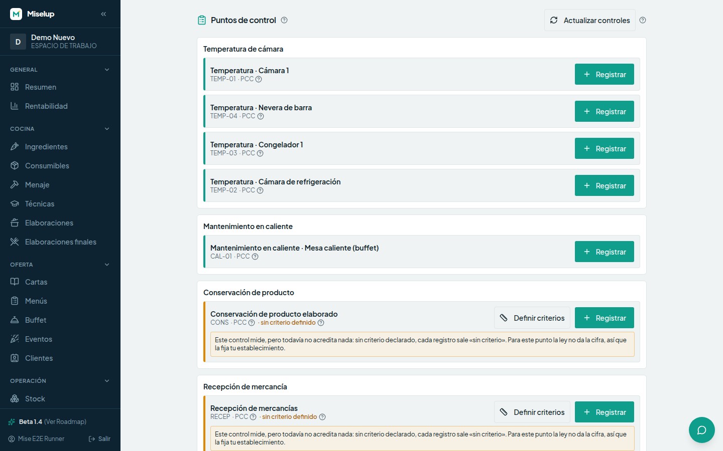 Los puntos de control del plan APPCC dentro del libro de registros, agrupados por tipo —temperatura de cámara, mantenimiento en caliente, recepción de mercancía— con su botón «Registrar»