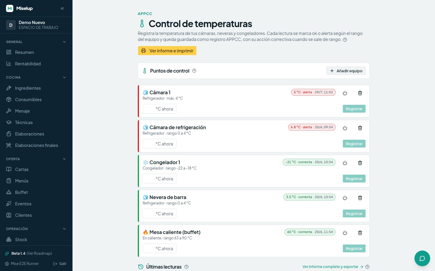 El panel APPCC de Miselup con sus puntos de control: una tarjeta por cámara y congelador, con su rango y su última temperatura