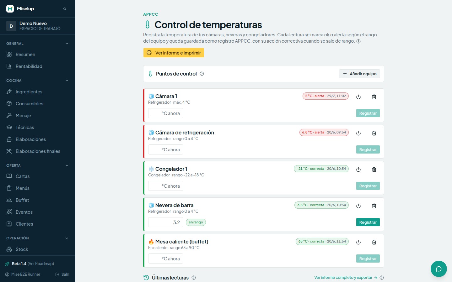 El diálogo para registrar la temperatura de un equipo, con el campo «°C ahora» y la etiqueta que avisa de si la lectura está en rango
