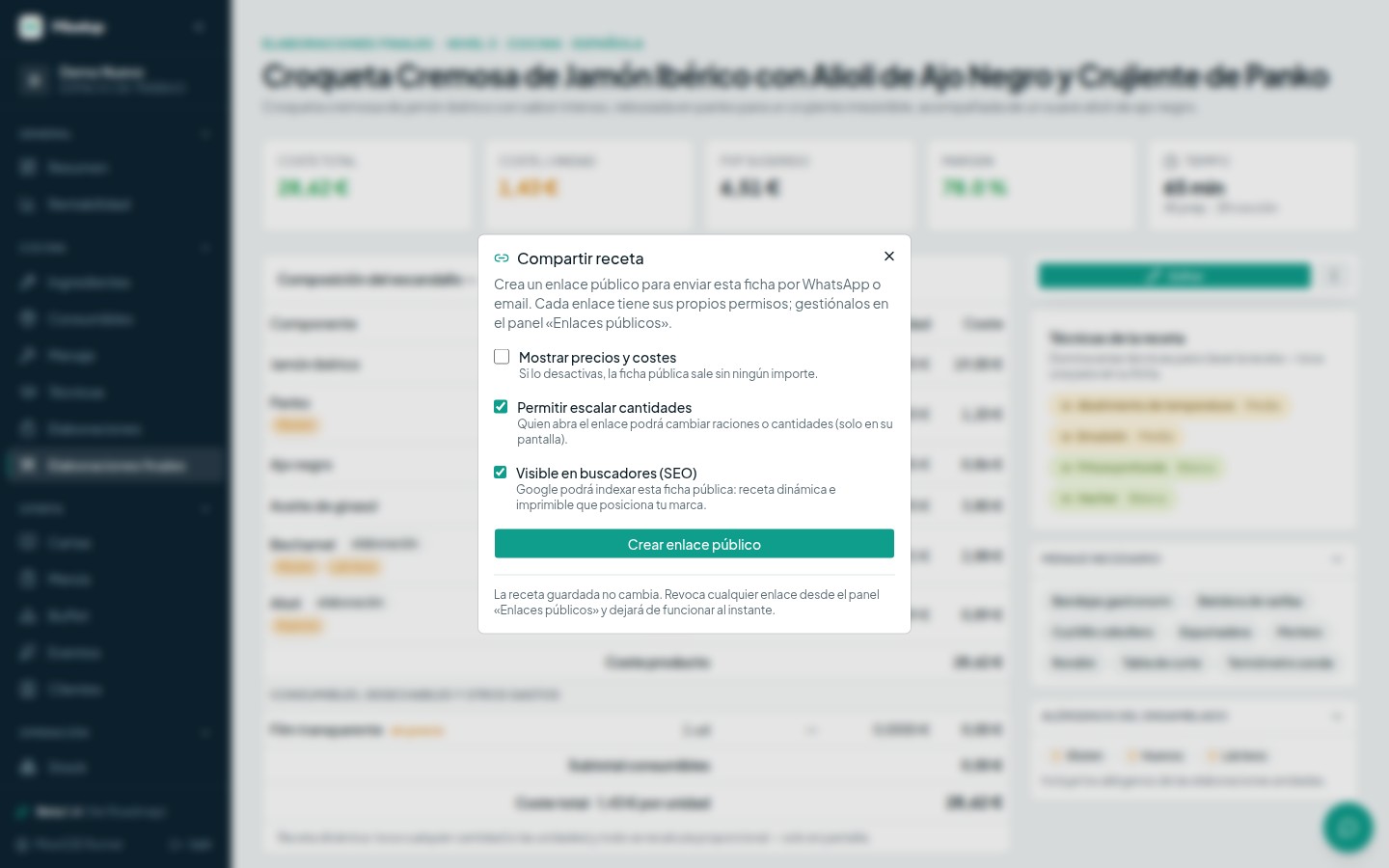 El diálogo «Compartir receta» de Miselup con los interruptores de mostrar precios y costes, permitir escalar cantidades y visibilidad en buscadores