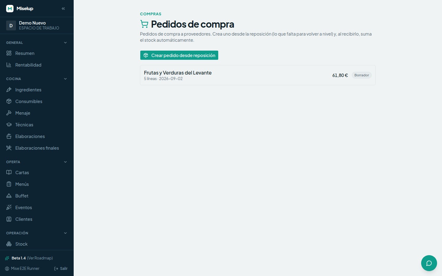 La lista de pedidos de compra de Miselup con el proveedor, el número de líneas, la fecha, el total y el estado de cada pedido