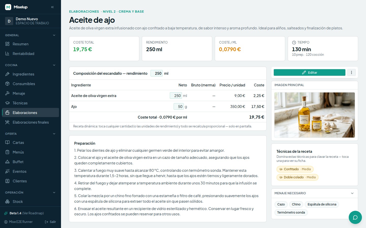 La ficha de una elaboración intermedia con su composición, el total de entrada, el rendimiento del lote y el coste por unidad de rendimiento