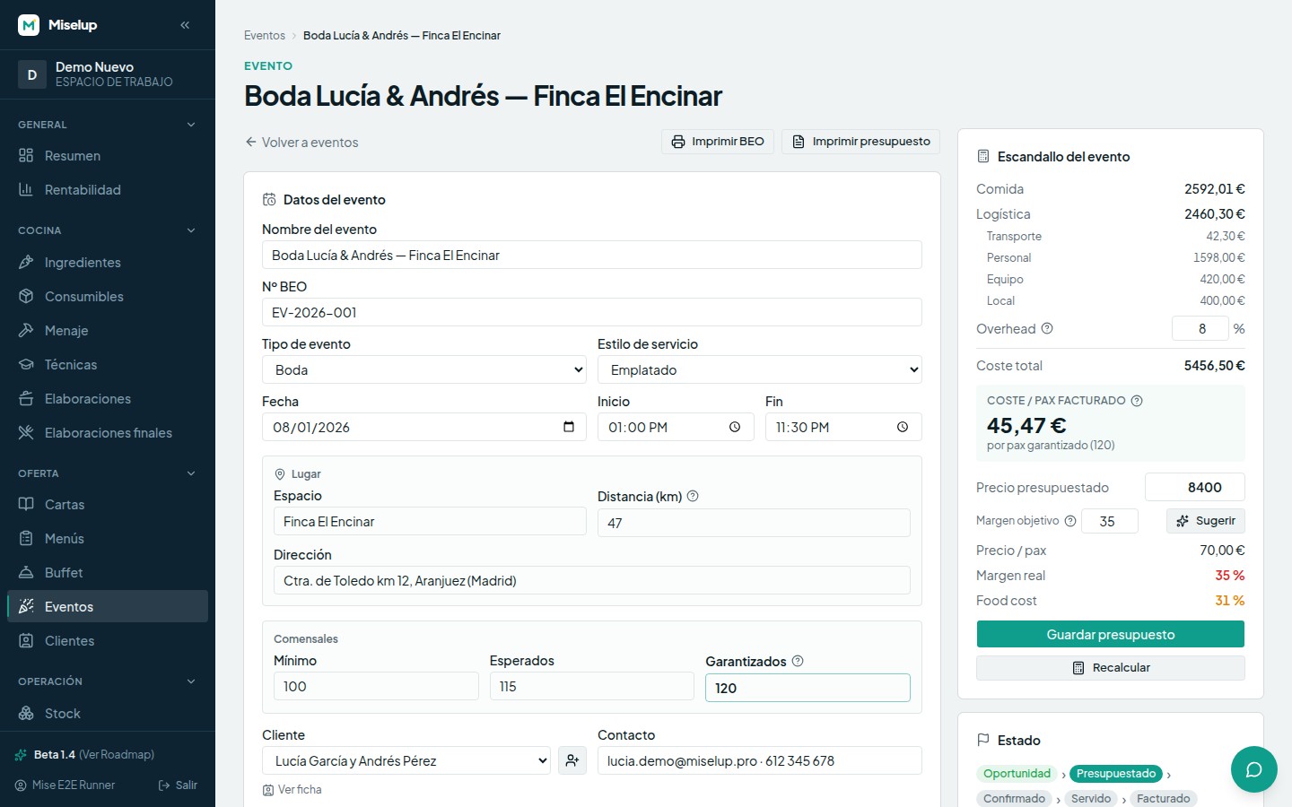 La ficha de un evento de catering en Miselup con sus datos, su oferta de comida y el panel «Escandallo del evento» con comida, logística, overhead y coste por pax
