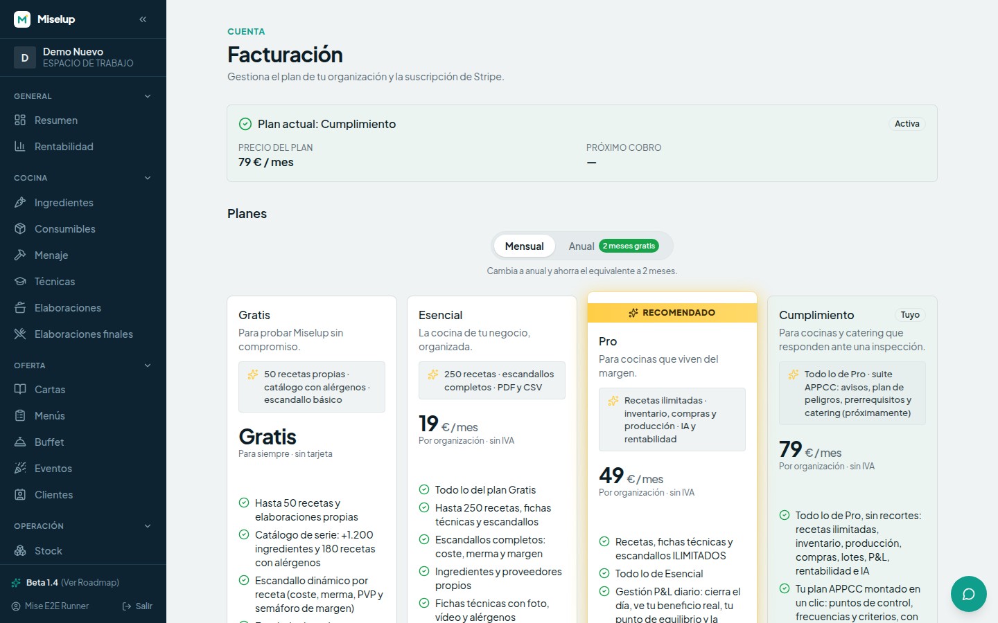 La pantalla Cuenta → Facturación de Miselup, donde vive la tarjeta «Tus datos son tuyos» con el botón para descargar todos tus datos