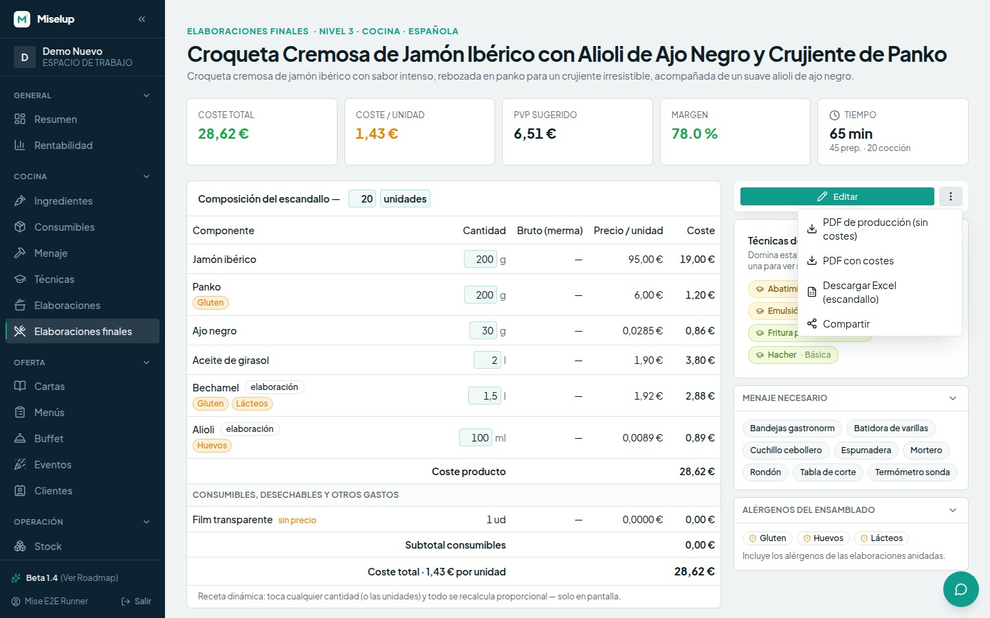 El menú «Más acciones» abierto en la ficha de un plato, con las opciones de PDF de producción, PDF con costes, descargar Excel y compartir