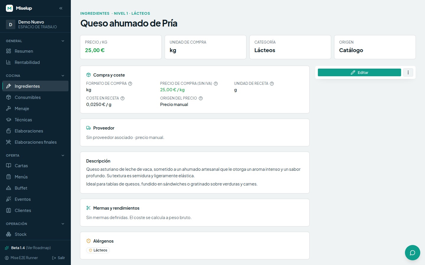 La ficha de un ingrediente en Miselup con su precio de compra, su unidad de receta y las mermas declaradas