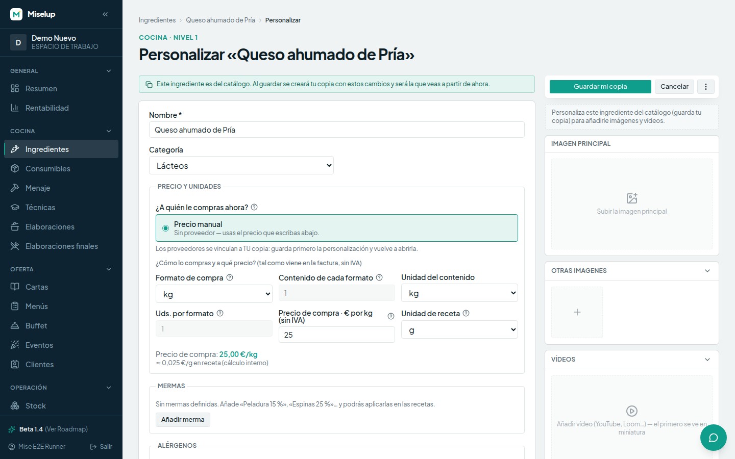 La sección «Precio y unidades» de la ficha de un ingrediente, con el proveedor, el formato de compra y el precio sin IVA