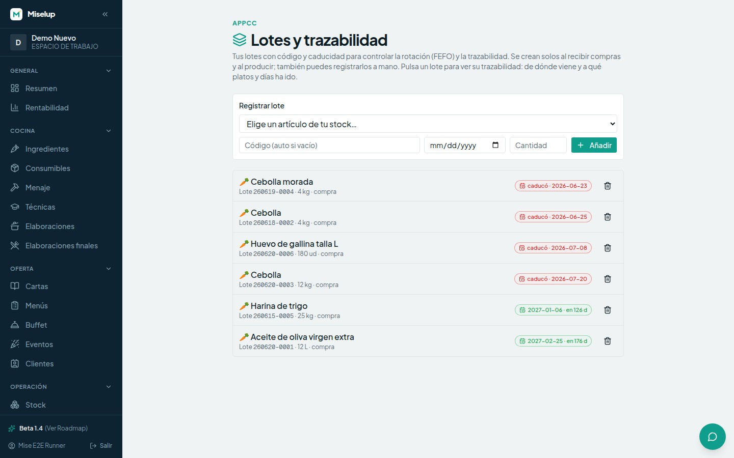 La pantalla «Lotes y trazabilidad» de Miselup con el código de cada lote, su cantidad y su estado de caducidad