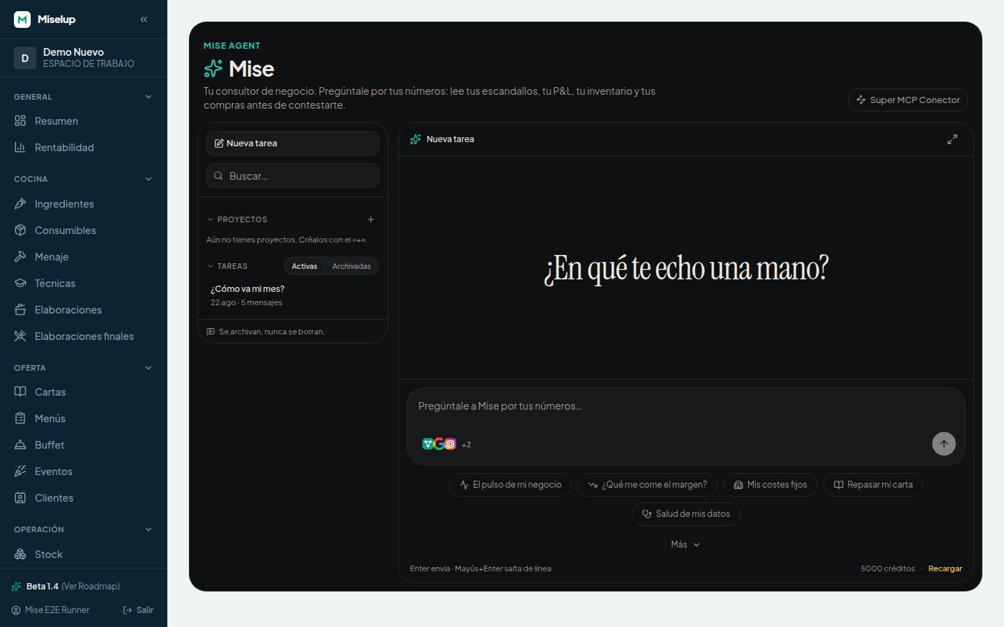 La pantalla de Mise Agent en Miselup, con la conversación, la columna de tareas y proyectos y los encargos preparados