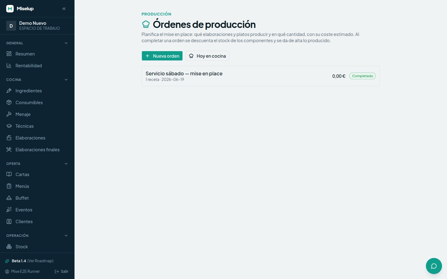 La pantalla de Producción de Miselup con las órdenes de producción, su estado y el número de recetas de cada una