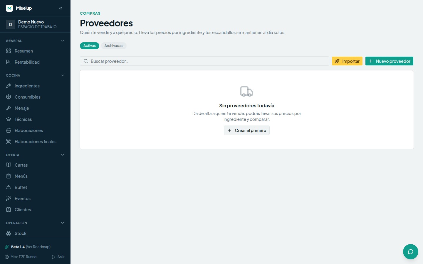 La pantalla de proveedores de Miselup con el nombre, la categoría y los datos de contacto de cada proveedor