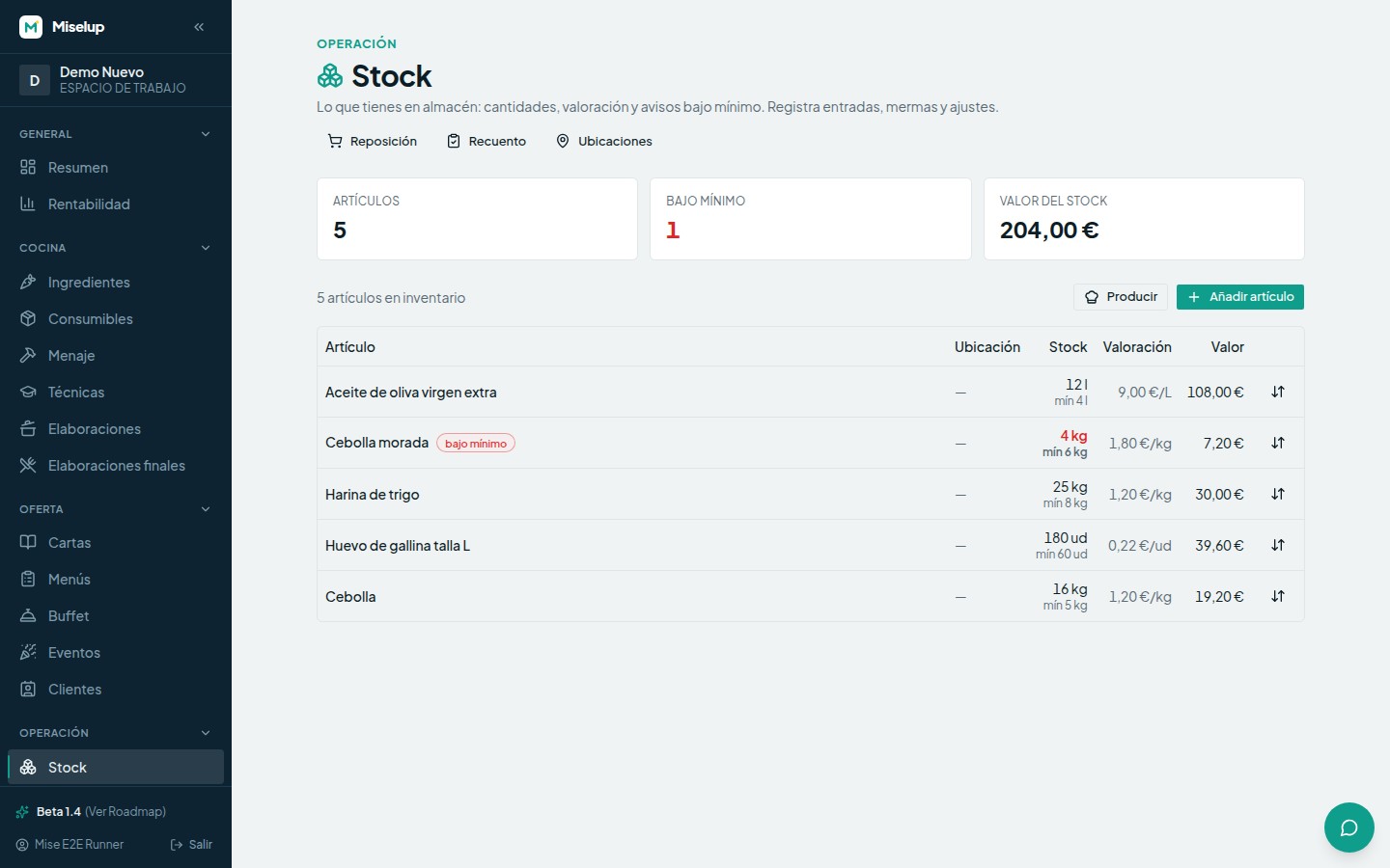 La pantalla de Stock de Miselup con los artículos, los que están bajo mínimo y el valor total del inventario