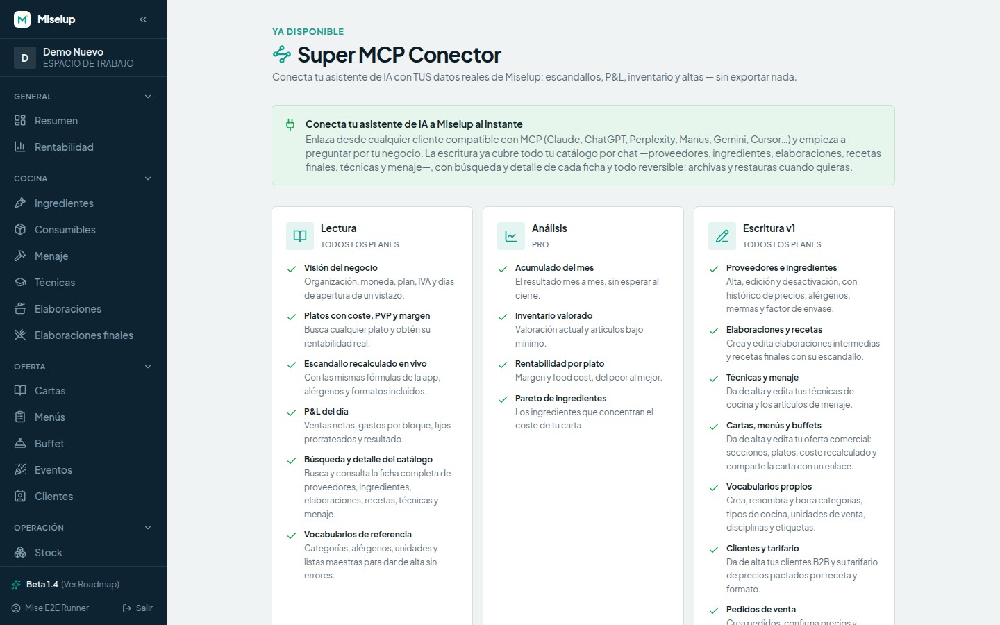 La pantalla del Super MCP Conector en Miselup, con la URL del conector para copiarla y los pasos para añadirlo a tu asistente de IA