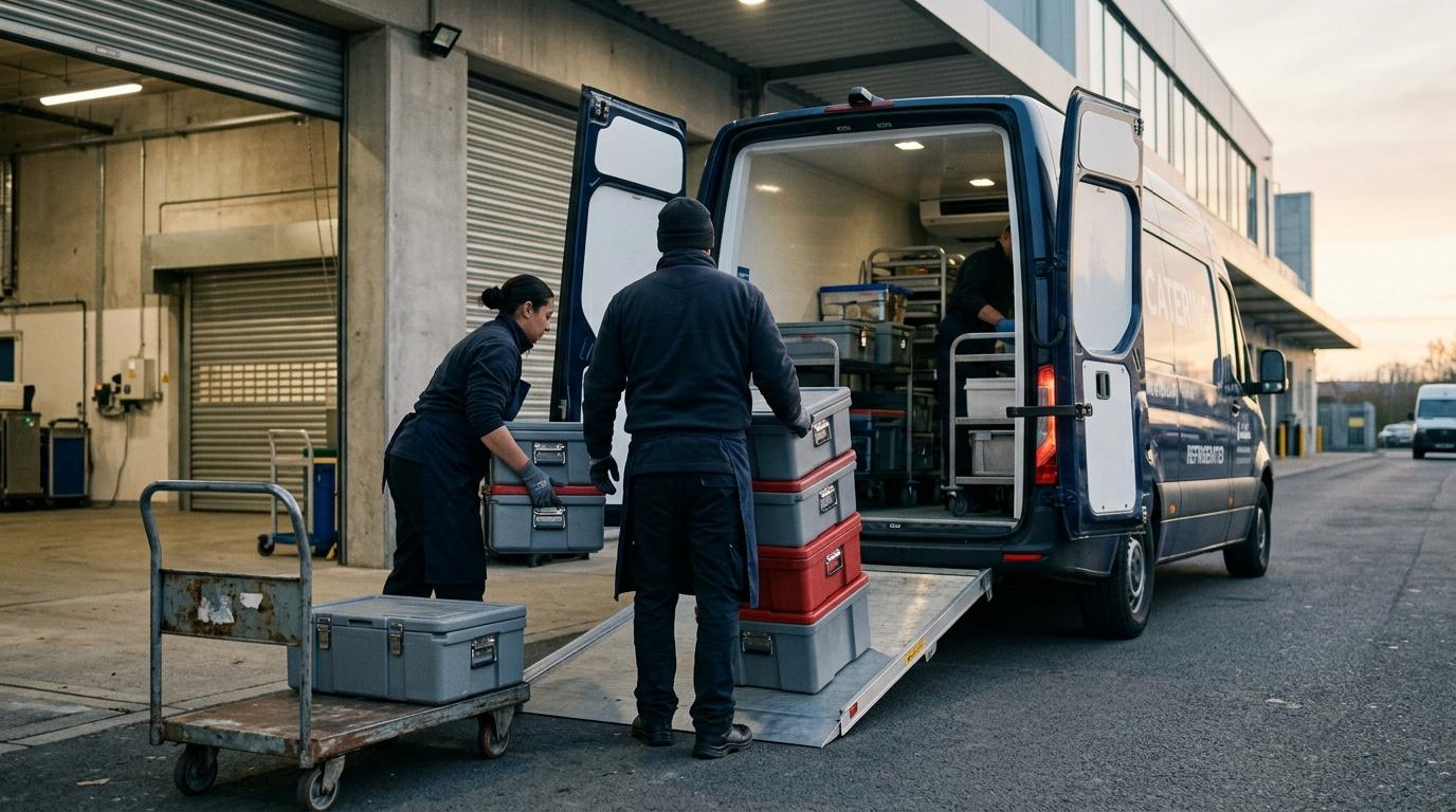 Dos operarios cargando contenedores isotermos en una furgoneta refrigerada de catering por la rampa de un muelle de carga