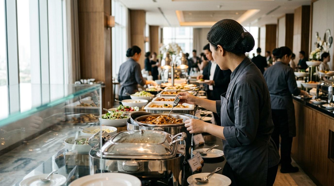 Línea de buffet en un evento con una cocinera midiendo la temperatura de una bandeja caliente con un termómetro de sonda