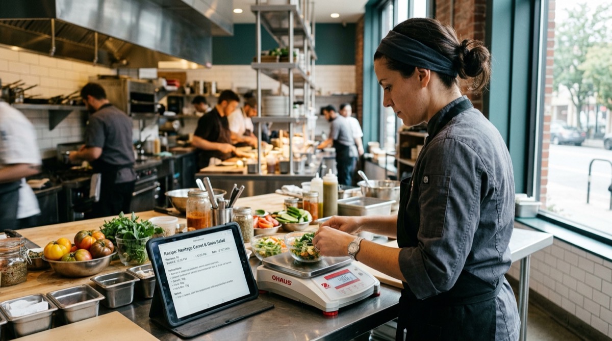 Cocinero calculando el food cost en una cocina profesional luminosa, pesando ingredientes en una báscula digital junto a una tablet con la ficha técnica