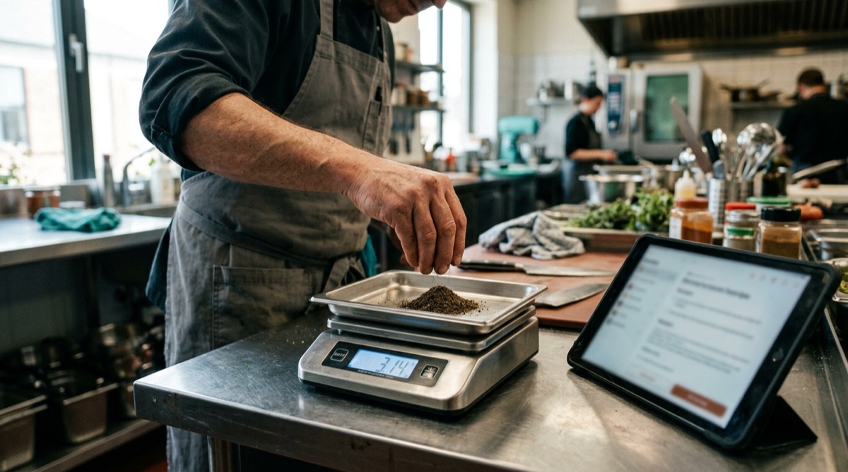 Cocinero pesando ingredientes en una báscula digital junto a una tablet con la ficha técnica, calculando el food cost de un plato en una cocina profesional luminosa