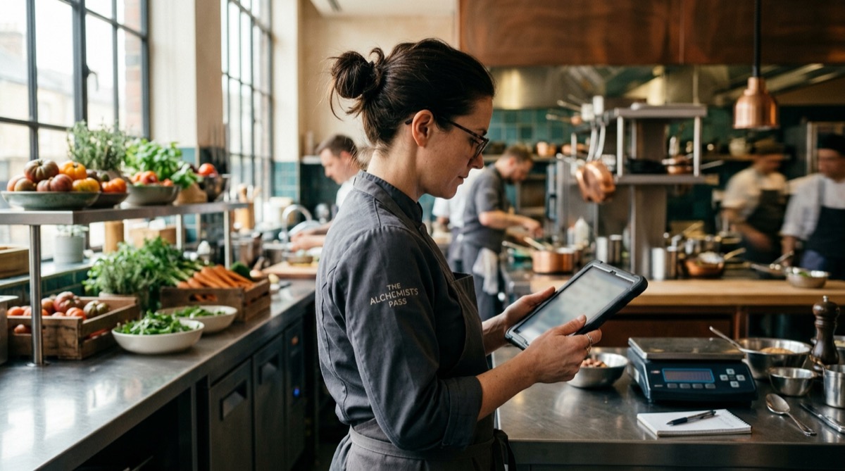 Jefe de cocina revisando los porcentajes de food cost del mes en una tablet en el pase, con producto fresco y una báscula de fondo