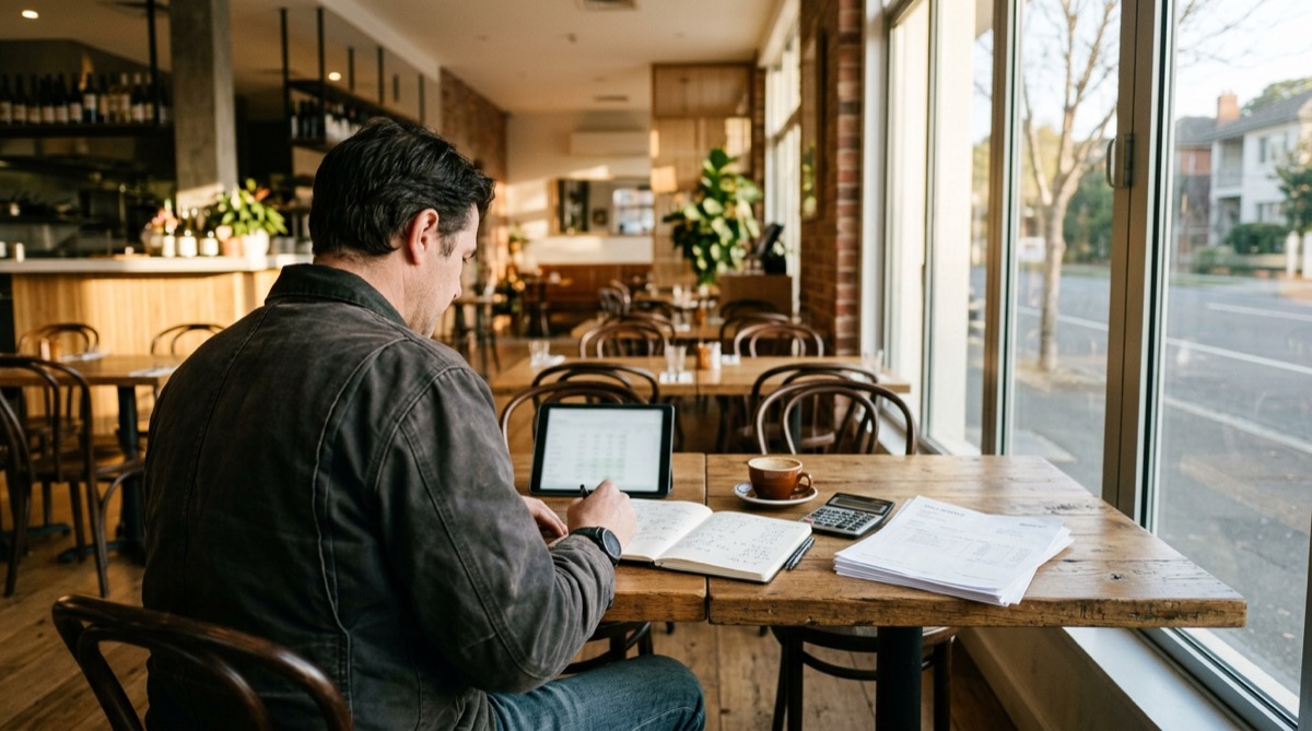Dueño de un restaurante revisando los números del día en una mesa con una tablet, un cuaderno con cifras a mano, una calculadora y facturas de proveedor, en un bistró luminoso al cierre