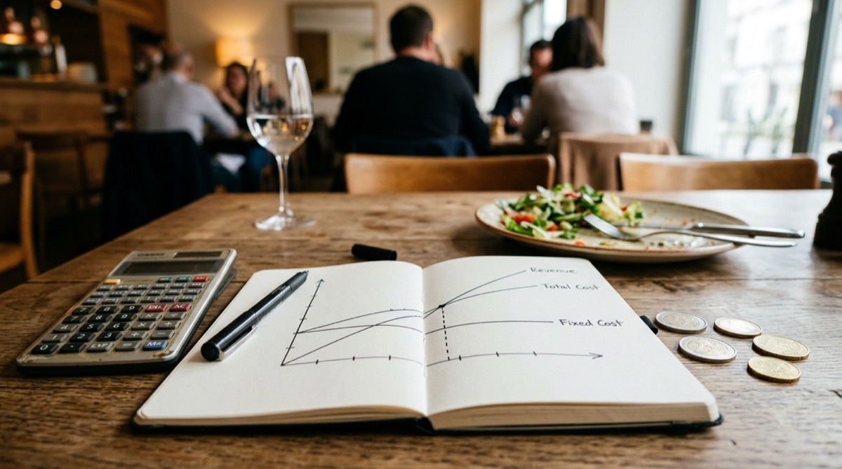 Cuaderno sobre una mesa de restaurante con un gráfico de punto de equilibrio dibujado a mano —las líneas de ingresos, costes totales y costes fijos cruzándose en un punto— junto a una calculadora y un bolígrafo