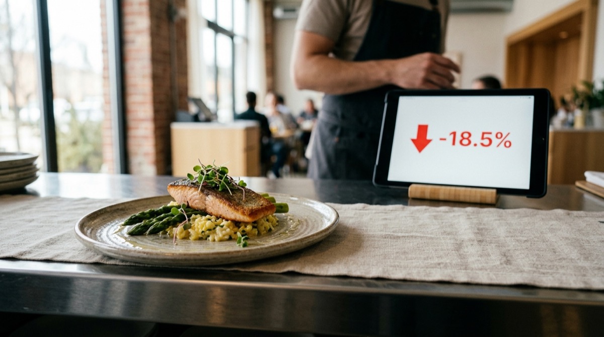 Plato de salmón bien emplatado en el pase de un restaurante junto a una tablet que muestra un resultado en rojo, ilustrando un negocio que pierde dinero pese a tener un food cost sano