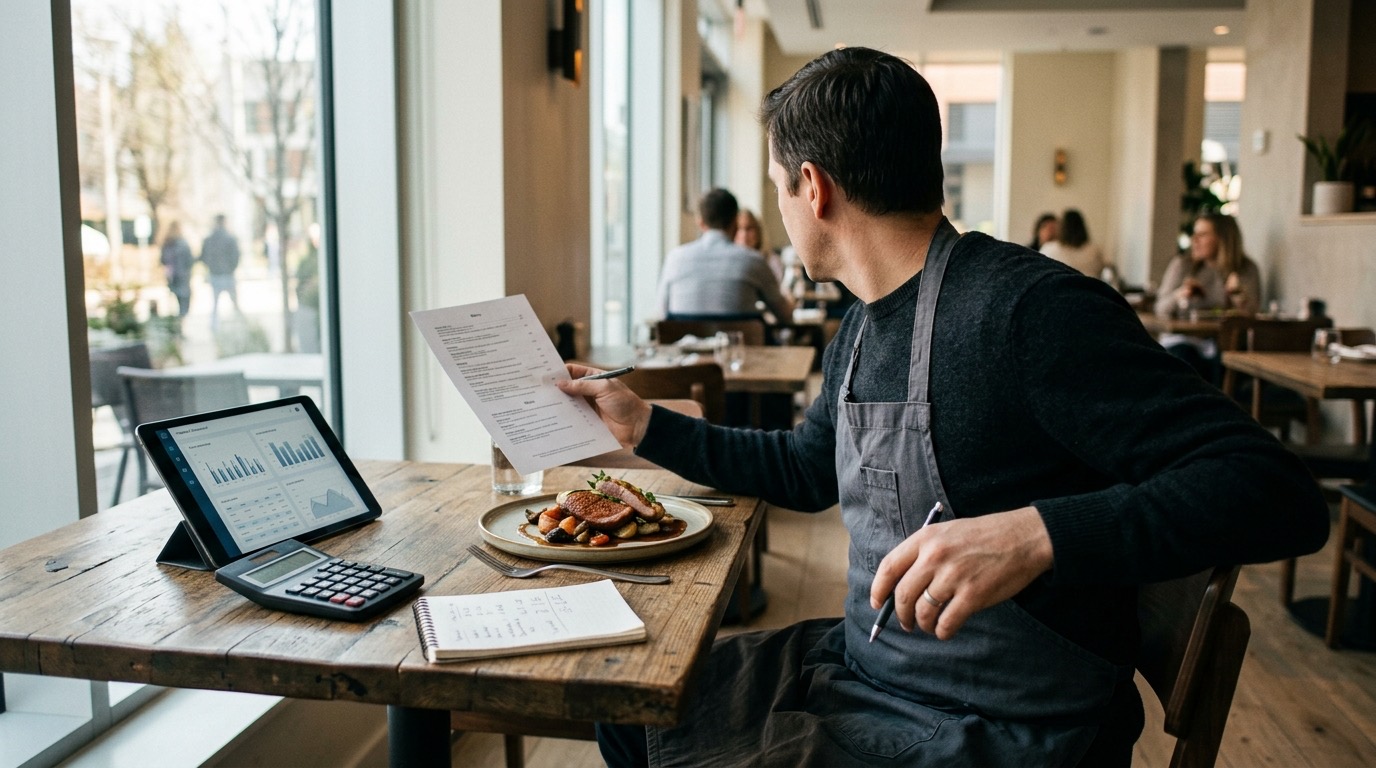 Dueño de un restaurante revisando la carta en una sala luminosa, con una tablet que muestra un panel de márgenes, una calculadora, un cuaderno de cifras y un plato emplatado sobre la mesa