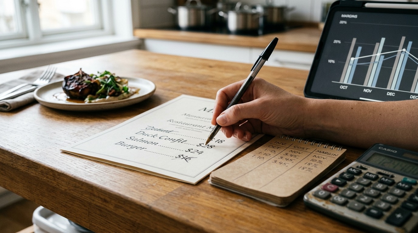 Una mano ajustando con bolígrafo los precios de una carta de restaurante, junto a un cuaderno con columnas de coste y margen, una calculadora y una tablet con un gráfico de márgenes